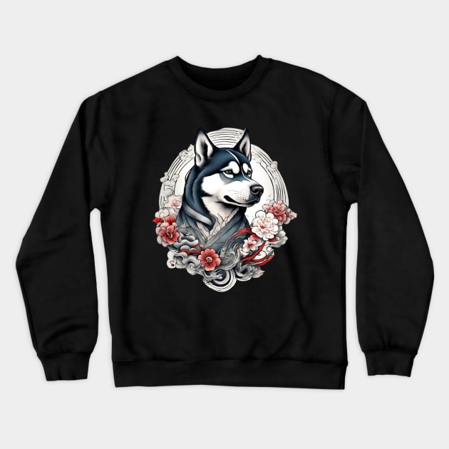 Old School Vintage Japanese Tattoo Art Husky Crewneck Sweatshirt by Tina